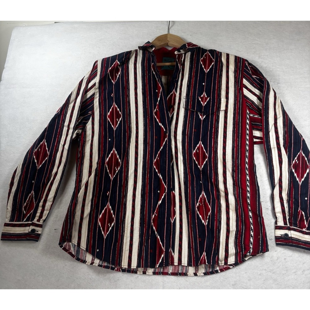 Roper Southwest Aztec Stripe Red Navy Tan Shirt Wm's 15/16 Cowgirl Rodeo Vtg
